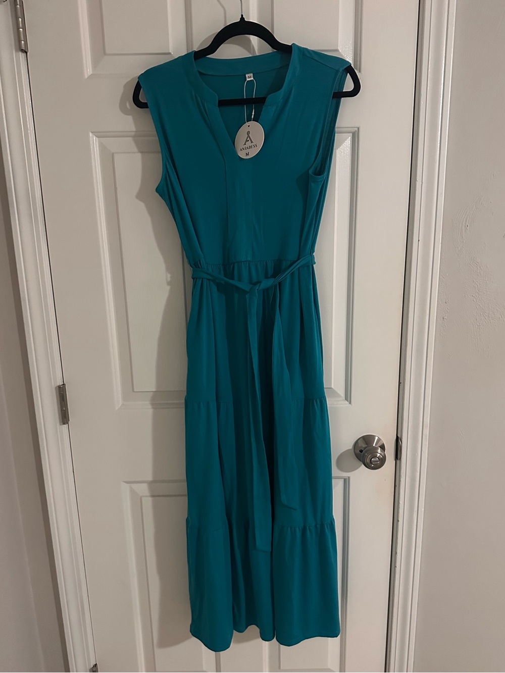 Sleeveless Teal Tiered Maxi Dress with V-Neck and Waist Tie